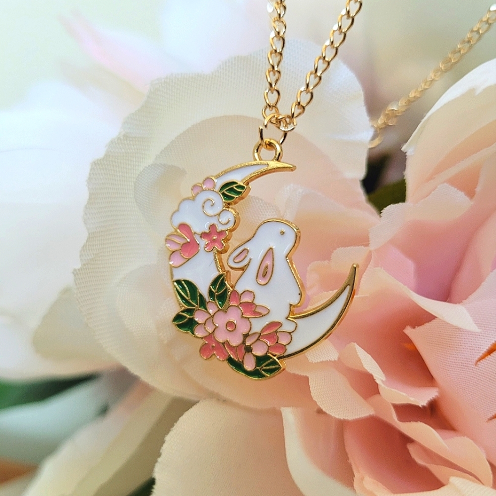 Rabbit Swinging on A Floral Covered Moon Pendant Necklace
